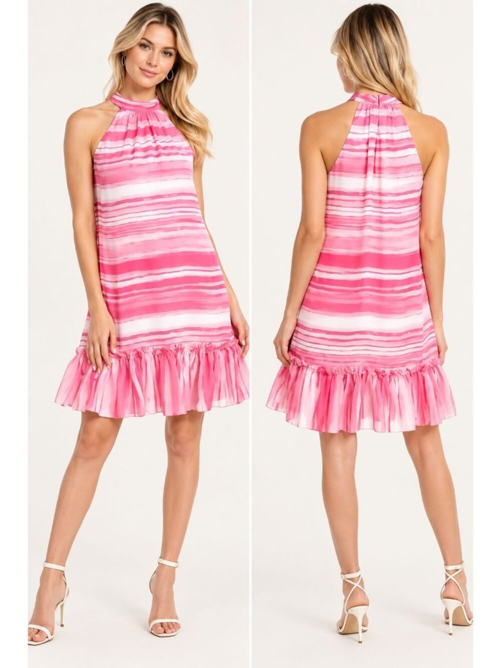 Trina Turk Womens Pink & White Striped Halter Shift Dress With Ruffle Hem Large